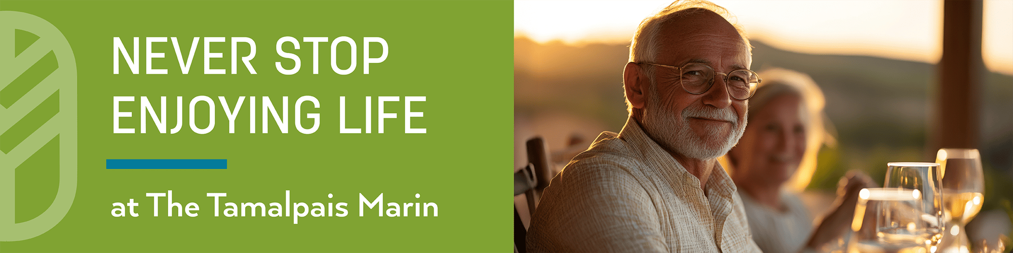 The Tamalpais Marin - Summer Events - Man smiling, sitting outdoors  at dusk, wine on  patio